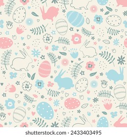 Easter Seamless Pattern with Easter bunnies, eggs, flowers, hearts, leaves. Happy Easter Abstract design. Vector illustration on beige