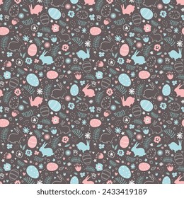 Easter Seamless Pattern with Easter bunnies, eggs, flowers, hearts, leaves. Happy Easter Abstract design. Vector illustration on brown