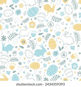 Easter Seamless Pattern with Easter bunnies, eggs, flowers, hearts, leaves. Happy Easter Abstract design. Vector illustration on white