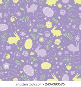 Easter Seamless Pattern with Easter bunnies, eggs, flowers, hearts, leaves. Happy Easter Abstract design. Vector illustration on purple background