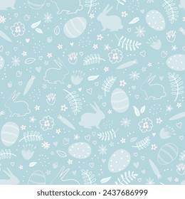 Easter Seamless Pattern with Easter bunnies, eggs, flowers, carrots. Happy Easter Abstract design. Vector illustration on blue background