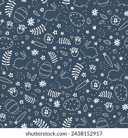 Easter Seamless Pattern with Easter bunnies, eggs, flowers, carrots. Happy Easter Abstract design. Vector illustration on dark blue background