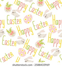 Easter seamless pattern with bunnies, eggs and text Happy Easter vector illustration