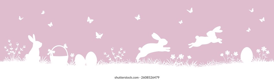 Easter seamless pattern with bunnies and Easter eggs. easter horizontal background with bunnies, flowers, butterflies, basket and easter eggs .	