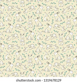 Easter Seamless Pattern with Bunnies. Floral Background with Little Rabbits. Cute Bunny with Leaves. Hares Line Art Vector Illustration
