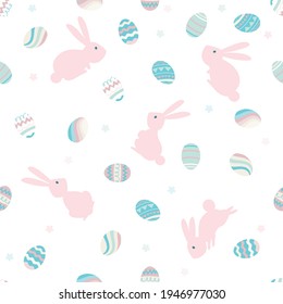 Easter seamless pattern with bunnies, flowers, easter eggs and beautiful background.