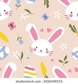 Patrón sin costuras de Pascua con conejos, flores, huevos de Pascua y zanahorias. Fondo dibujado a mano festivo. Adecuado para tarjetas de Pascua, banner, textiles, fondos de pantalla. Ilustración vectorial.