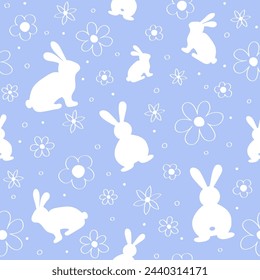 Easter seamless pattern with bunnies and flowers in hand drawn style. Minimalist design for card, invitation and poster. Vector illustration 