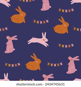 Easter seamless pattern with bunnies and garlands on violet background. Perfect for spring and summer greetings, wallpaper, wrapping paper, fabric. Vector illustration