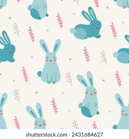Easter seamless pattern with bunnies, leaves, berries on white background. Perfect for spring and summer greetings, wallpaper, wrapping paper, fabric. Vector illustration
