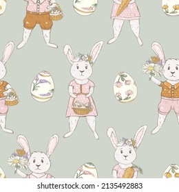 Easter seamless pattern with bunnies and painted eggs