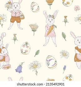 Easter seamless pattern with bunnies and painted eggs