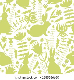 Easter seamless pattern with bunnies silhouette, flowers and leaves. Texture for textile, postcard, wrapping paper, packaging etc. Vector illustration.