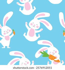 Easter seamless pattern with bunny and carrots. 