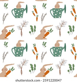 Easter seamless pattern with bunny and carrots