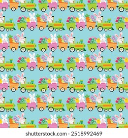 Easter seamless pattern with bunny, chick and eggs on the train