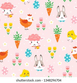 Easter seamless pattern with bunny, chickens, lamb, eggs and spring flowers on spotted pink background