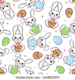 Easter seamless pattern with bunny, egg and butterfly isolated on white background. Design element for textile, fabric, wrapping or wallpaper.