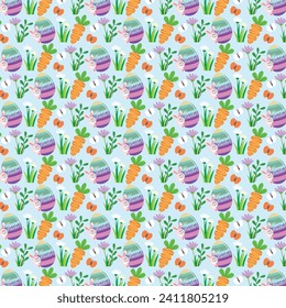 Easter seamless pattern with bunny, egg, carrot and flowers