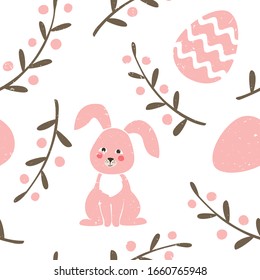 Easter seamless pattern. Bunny, eggs, branches and berries on white background. Vector shabby hand drawn illustration