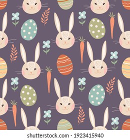 Easter seamless pattern with bunny, eggs and carrots, seasonal spring time design