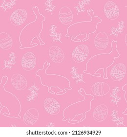 Easter seamless pattern with bunny eggs and brunches on pink background