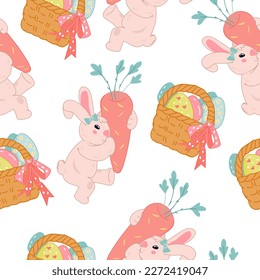 Easter seamless pattern with bunny and easter eggs, flat vector illustration on white background. Backdrop seamless design for Easter cards, wrapping and textiles.
