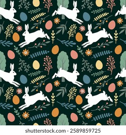 Easter seamless pattern. Easter bunny, eggs and flowers on a dark green background. Vector illustration for card, wrapping paper, fabric, background, packaging