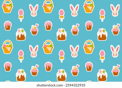 Easter Seamless pattern with a bunny, festive cake, basket with eggs on a blue background. Ideal for holiday decorations and greeting cards.
