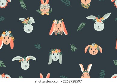 Easter seamless pattern with bunny, flowers and branches. 
Funny childrens rabbits for Easter decoration on dark background. Hand drawn vector Illustration for banners, wallpapers, fabrics, wrapping.