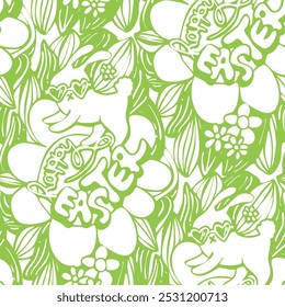 Patrón sin fisuras de Pascua con conejito y flores. Ilustración dibujada a mano.  Vector