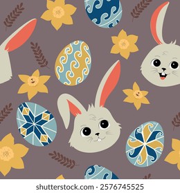 Easter seamless pattern with bunny. Hand drawn flat cartoon rabbits with eggs and flowers. Holiday childrens vector illustration