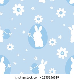 Easter seamless pattern with bunny rabbit cartoons, magic wand, hand drawn stars and daisy flower on blue background vector illustration. 