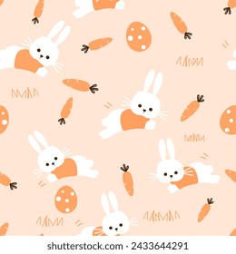 Easter seamless pattern with bunny rabbit cartoons, carrot and Easter eggs on orange background vector.