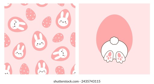 Easter seamless pattern with bunny rabbit cartoons and Easter eggs on pink background.  Bunny bottom, rabbit hole icon sign vector.