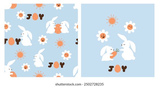 Easter seamless pattern with bunny rabbit cartoons, daisy flower, hand written fonts, sun and carrot on blue background vector.