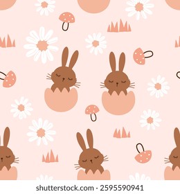 Easter seamless pattern with bunny rabbit cartoons, egg shells, daisy flower and mushroom on pink background vector.