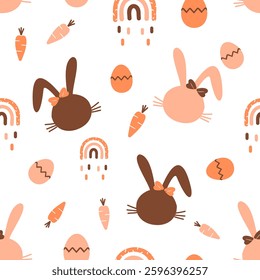 Easter seamless pattern with bunny rabbit cartoons, carrot, rainbow and egg on white background vector.