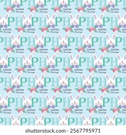 Easter seamless pattern with bunny, text and flowers