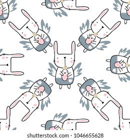 Easter seamless pattern with bunny wich holding the parrot. Handwritten vector illustration