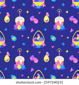 Easter seamless pattern with Easter cake, basket of colorful eggs and butterflies on blue background on white background. Vector illustration in modern flat style, Great for Easter design, wrapping