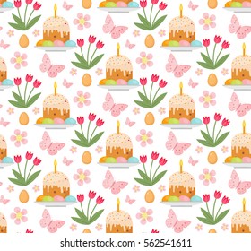 Easter seamless pattern with Easter cake, eggs and tulips. Endless Spring background, texture, digital paper. Vector illustration