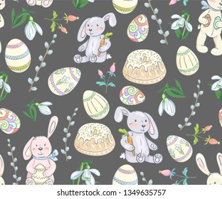 Easter seamless pattern. Pattern with Easter cakes, cute bunnies, eggs and flowers