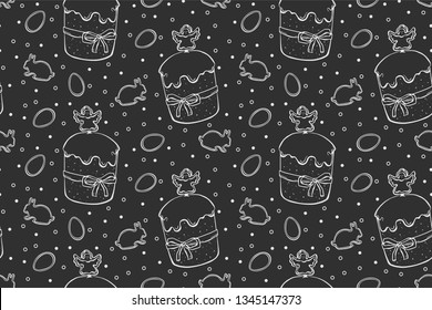 Easter seamless pattern cakes, eggs, rabbits white chalk style on blackboard for price tag menu