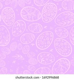 Easter seamless pattern card with ornamental line eggs, dots, wawes, curves, floral leaves. Violet colour.  Hand drawn vector. 