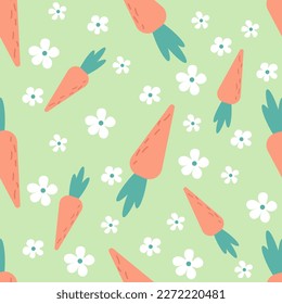Easter seamless pattern with carrots and daisy. Cute hand drawn beautiful background, great for easter wrapping paper, banner, textile, wallpaper. Vector illustration