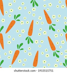 Easter seamless pattern with carrots and flowers, Cute hand drawn beautiful background, great for easter wrapping paper, banner, textile, wallpaper - vector pastel design