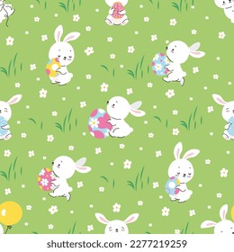 Easter seamless pattern, cartoon bunny and eggs decor. Spring bunnies, cute rabbit on meadow fabric print. Baby festive nowaday vector background