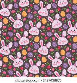 Patrón sin fisuras de Pascua con conejito de dibujos animados, flores y huevos de Pascua sobre fondo oscuro. Diseño vectorial de Pascua para textiles, papel de embalaje, regalos, tarjetas, banners.