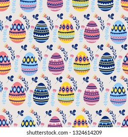 Easter seamless pattern with cartoon flat cute eggs and doodle flowers. Endless texture for holiday design. Vector illustration
